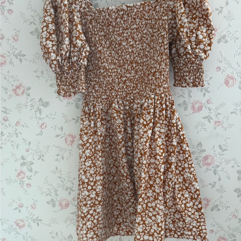 1. State Rust Floral Smocked Puff-Sleeve Mini Dress